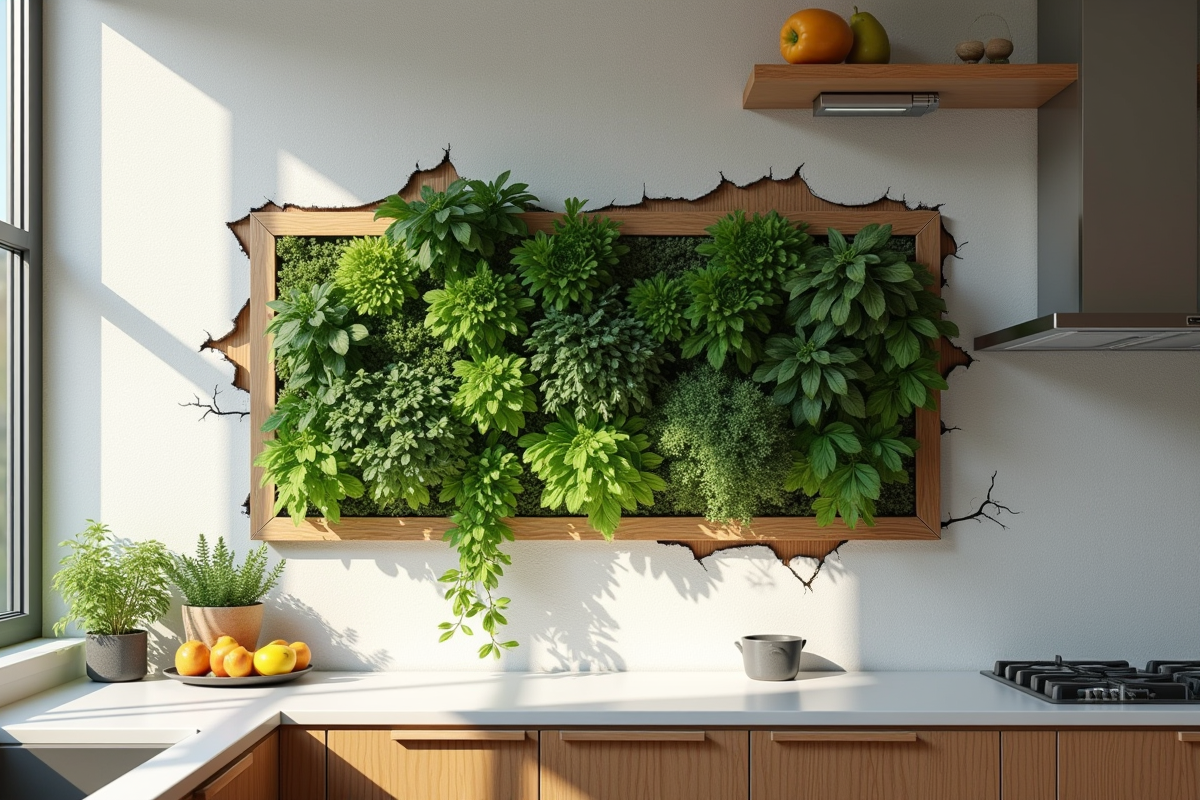 Cuisine moderne avec mur végétal vert et lumineux