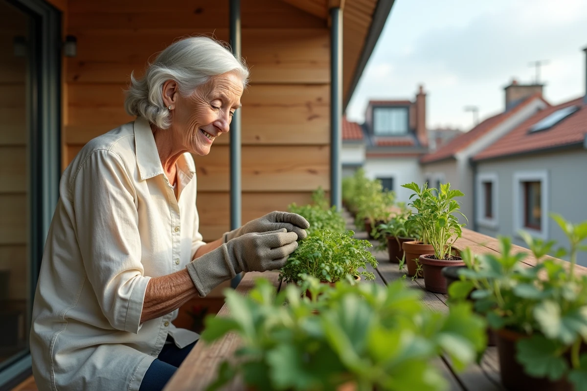 Femme &acirc;g&eacute;e cultivant l&eacute;gumes sur terrasse &eacute;cologique