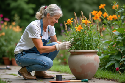 Femme d'âge moyen en jardinage coupe des lys fanés