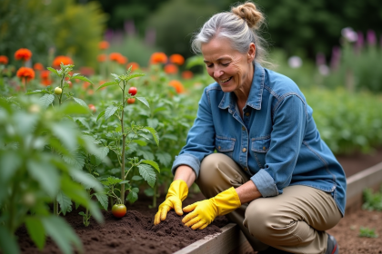 Femme jardinant avec plants de tomates dans un jardin bio