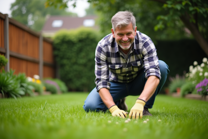 Homme d'âge moyen en vêtements de jardinage arrosant des pissenlits dans un jardin