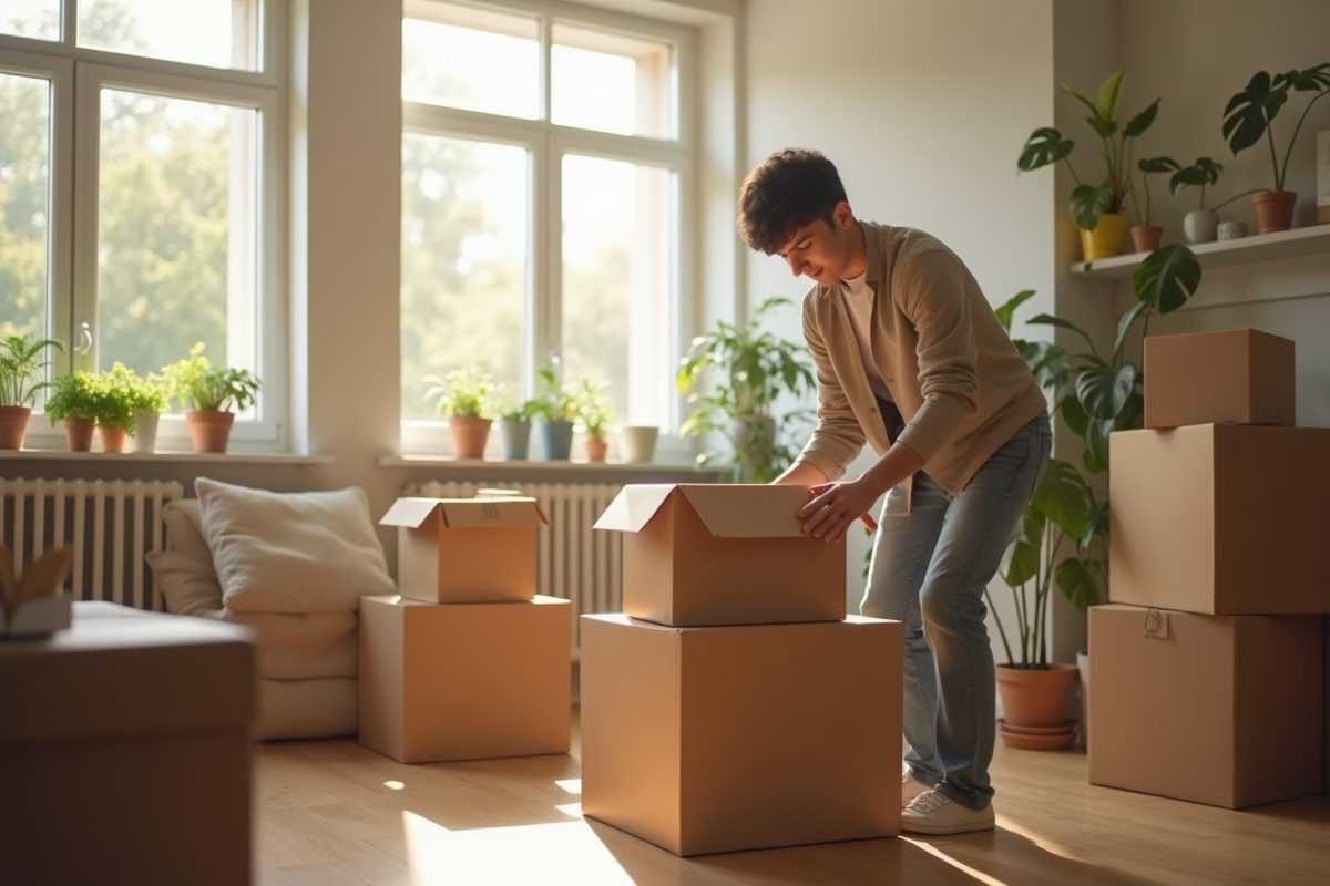Jeune adulte déballant des cartons dans un appartement lumineux