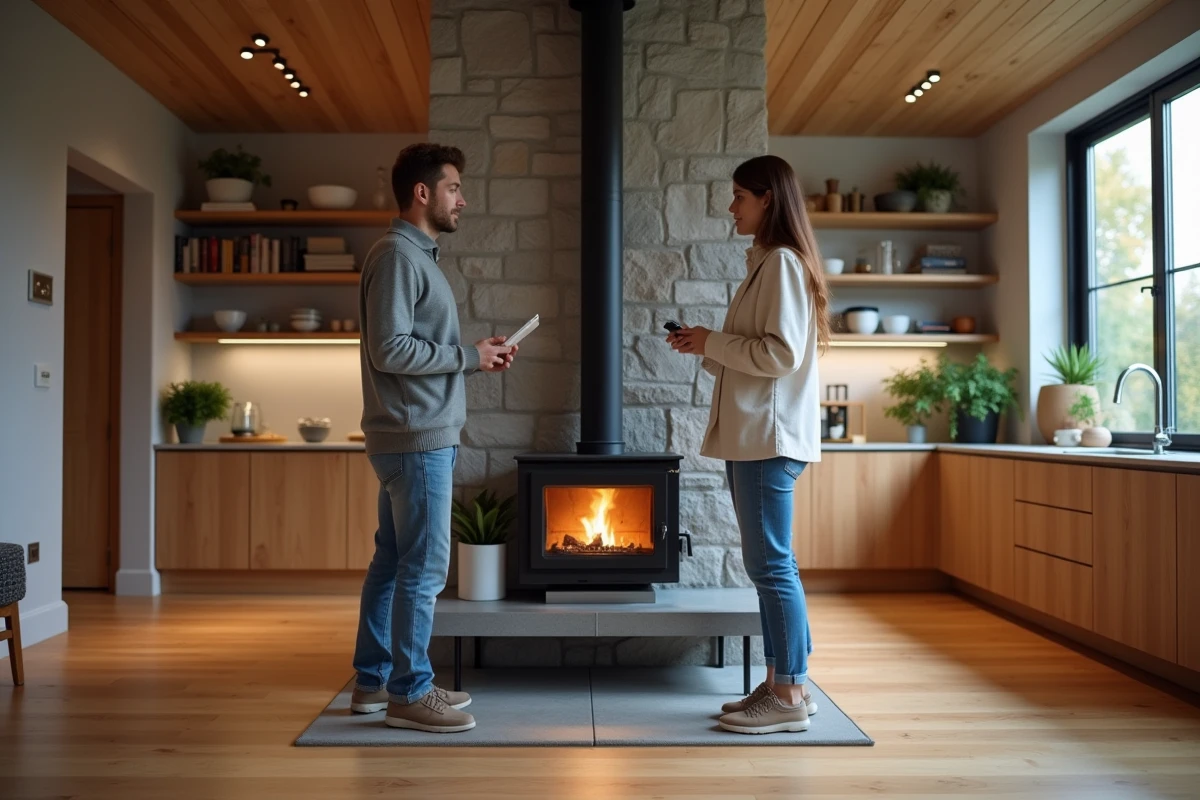 Jeune couple discutant près du foyer dans la cuisine moderne