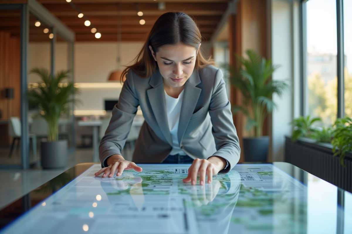 Jeune femme ingénieure analysant modele digital en bureau