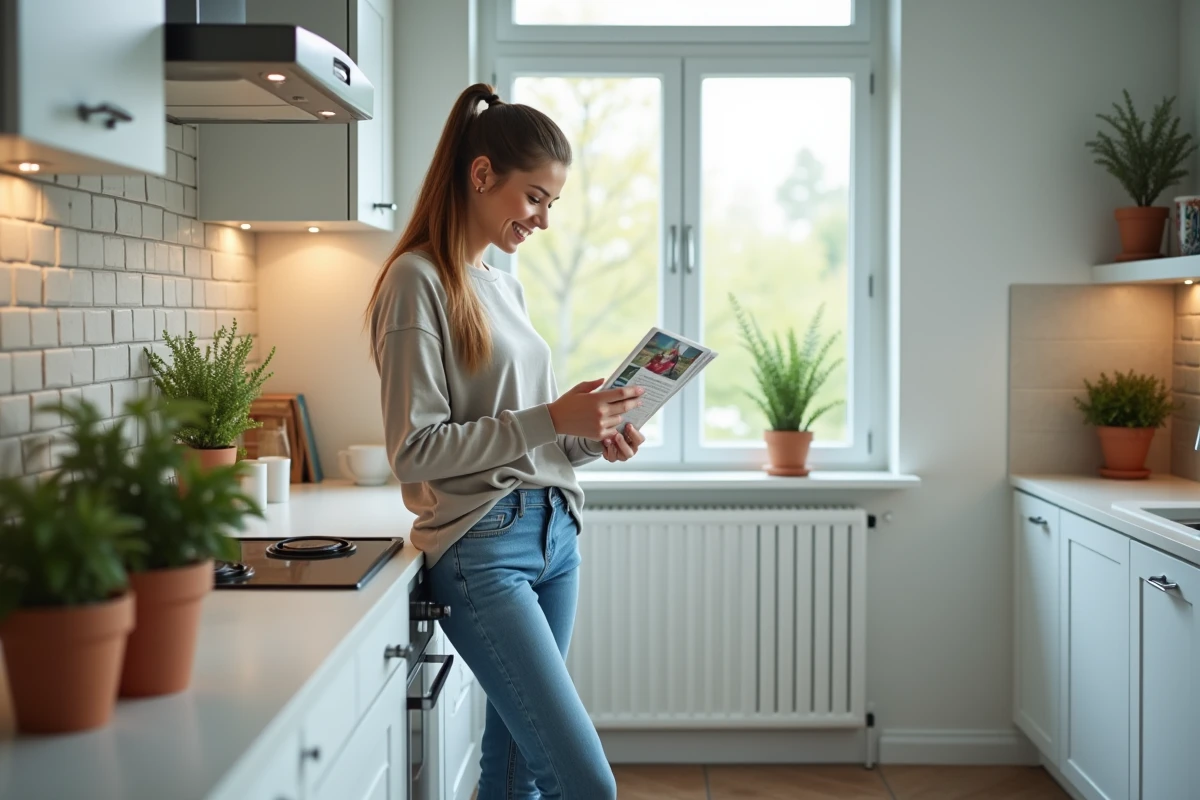 Jeune femme lisant une brochure sur le chauffage dans une cuisine lumineuse