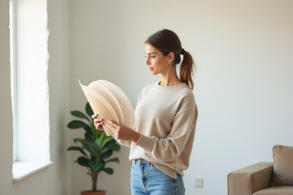 Femme tenant un nuancier de peinture dans un int&eacute;rieur moderne