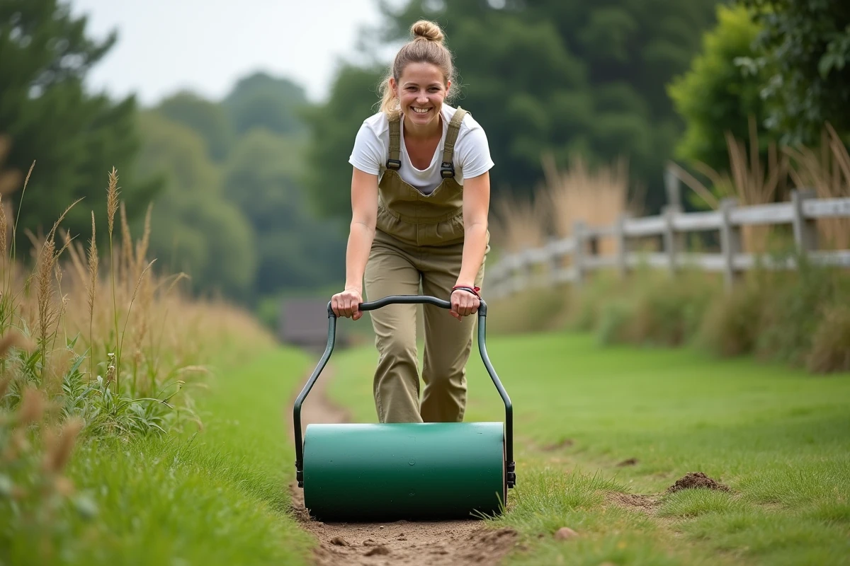 Jeune femme en tenue de jardin poussant un rouleau vert sur la pelouse