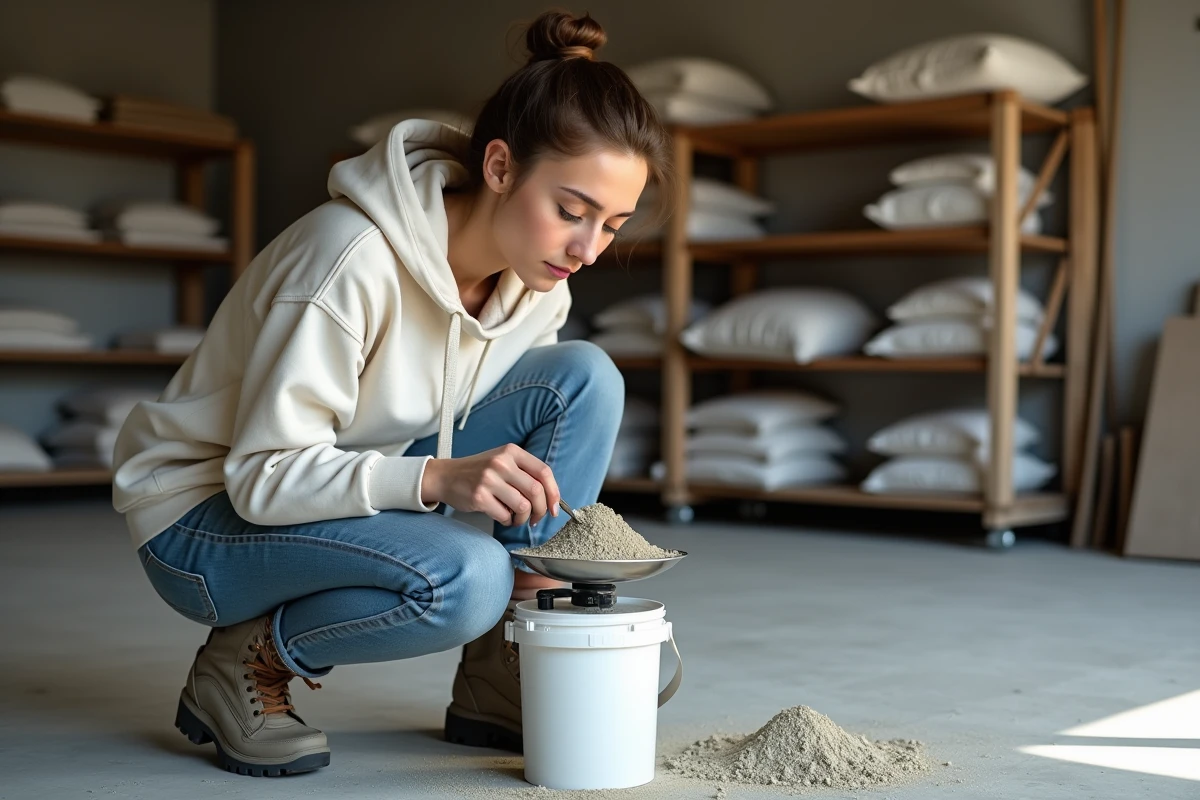 Jeune femme mesurant du ciment dans un atelier int&eacute;rieur