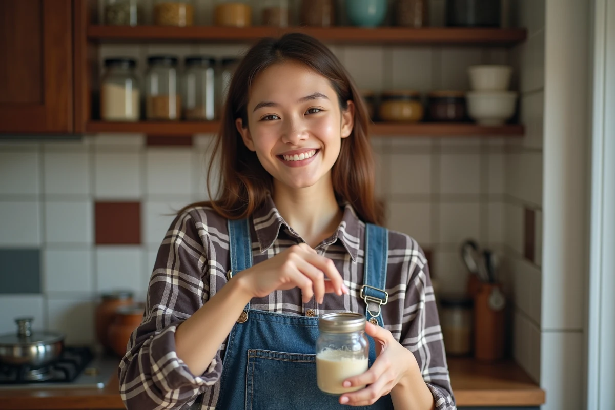 Jeune femme en cuisine ouvrant un bocal avec un sourire d&eacute;tendu