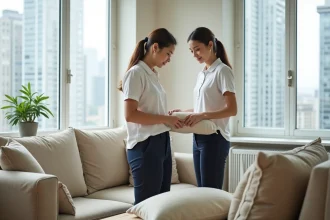 Jeune femme détendue arrangeant des coussins dans un salon lumineux