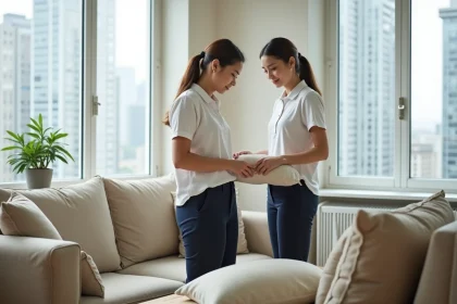 Jeune femme d&eacute;tendue arrangeant des coussins dans un salon lumineux