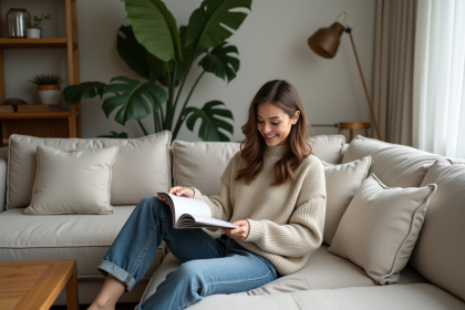 Jeune femme assise dans un salon moderne et cosy
