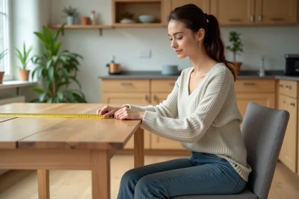 Jeune femme assise testant la hauteur d'une table en bois