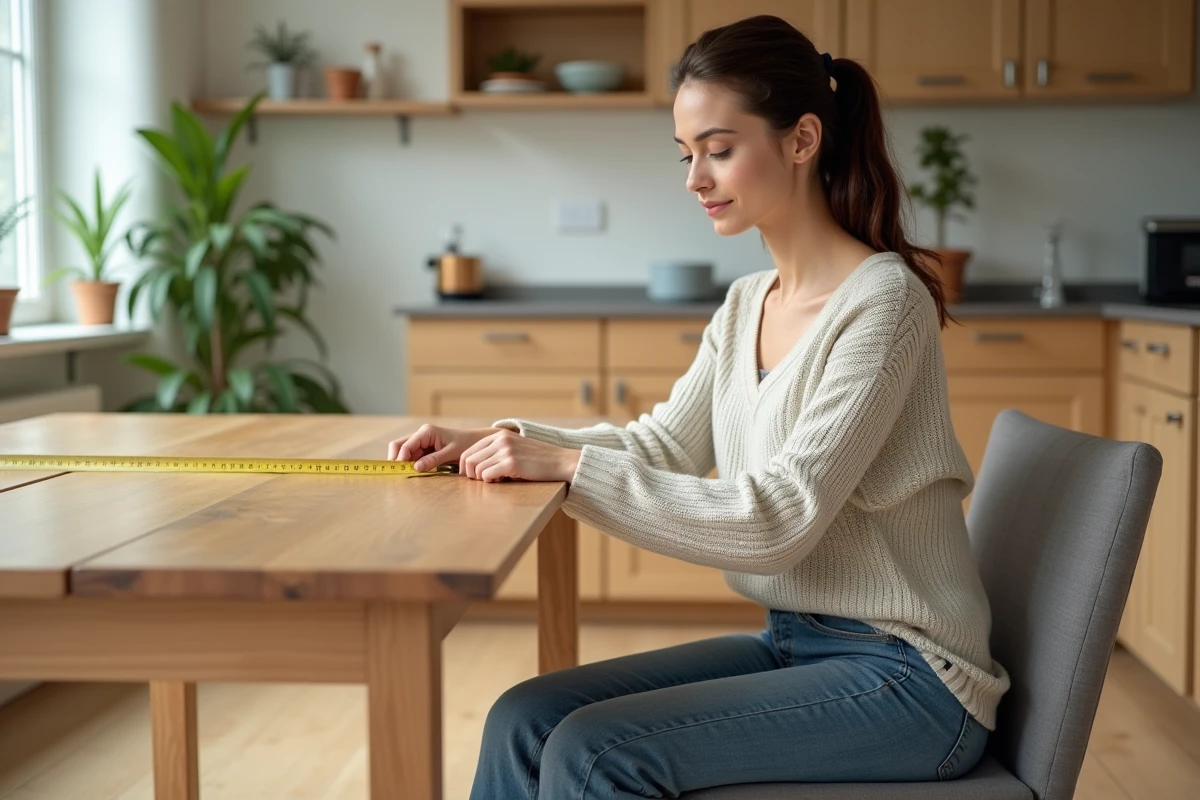 Jeune femme assise testant la hauteur d'une table en bois