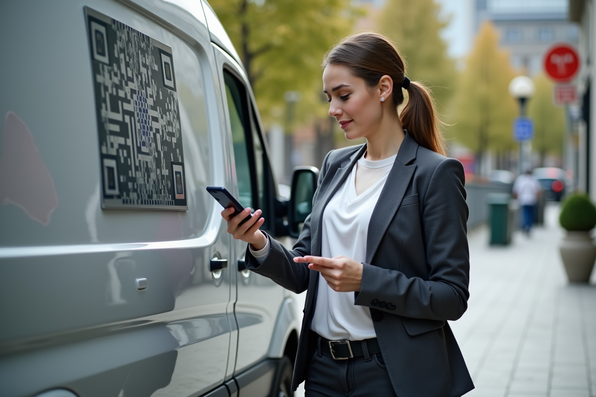 Jeune femme scannant un QR code sur une camionnette urbaine