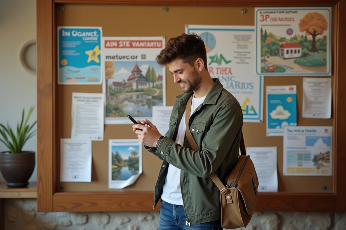 Jeune homme vérifiant les affiches de brocante à l