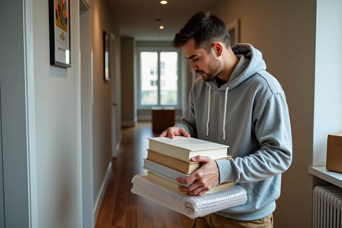 Jeune homme emballant un livre avec du papier bulle dans un couloir moderne