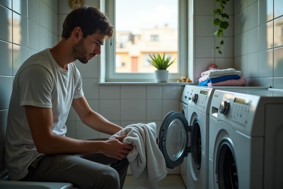 Jeune homme inspectant un linge dans une salle de bain urbaine