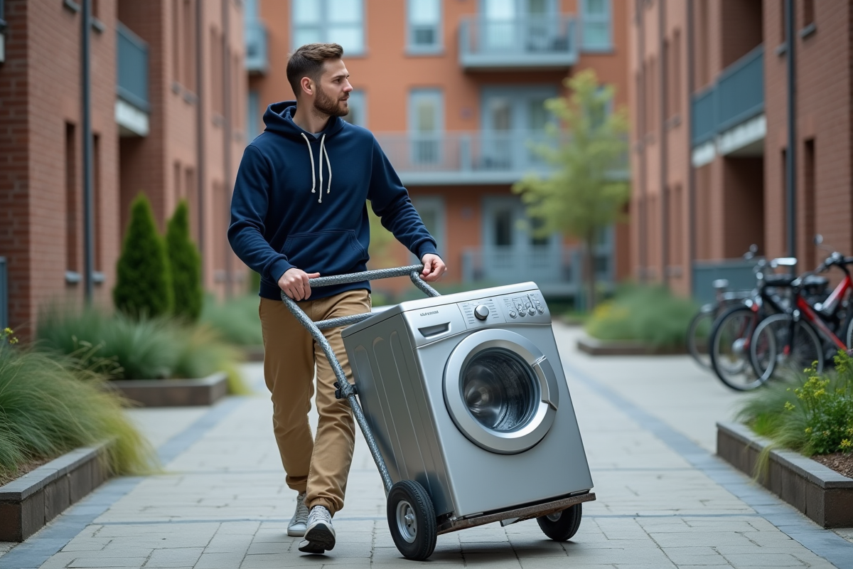 Jeune homme transportant une vieille machine à laver