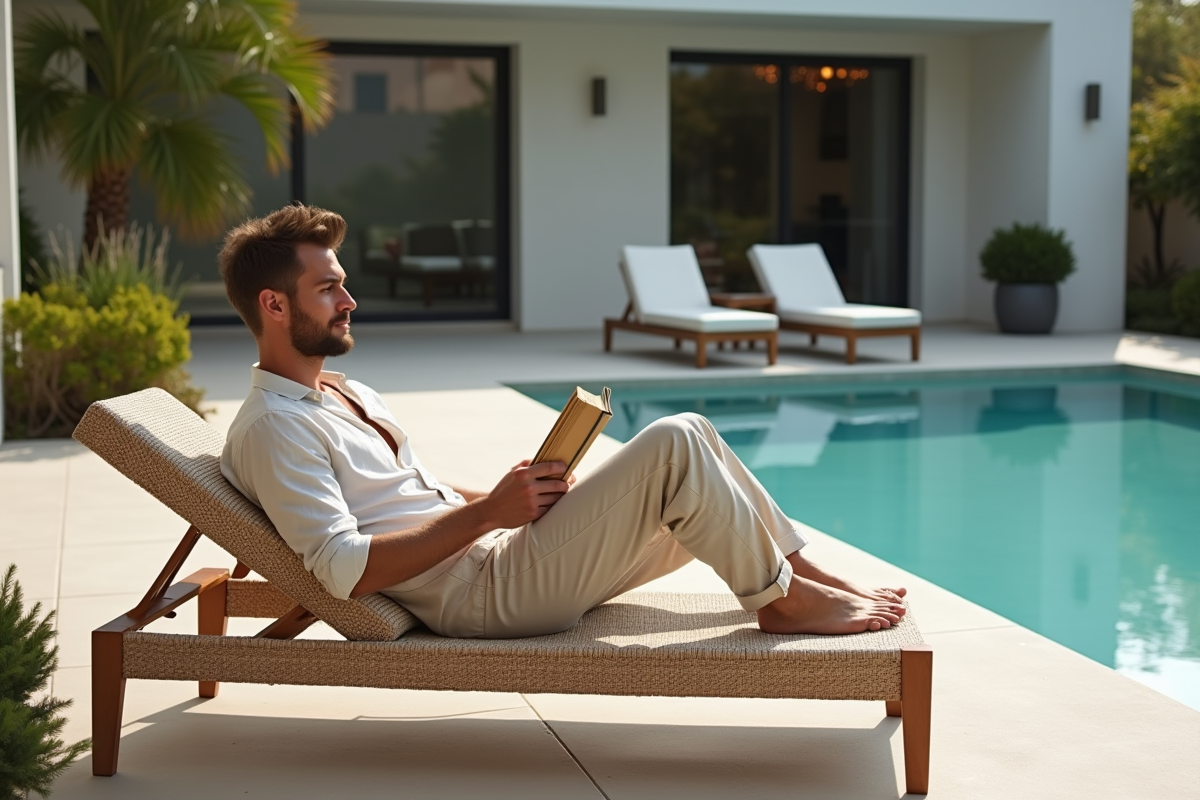 Jeune homme en linen relaxant au bord de la piscine