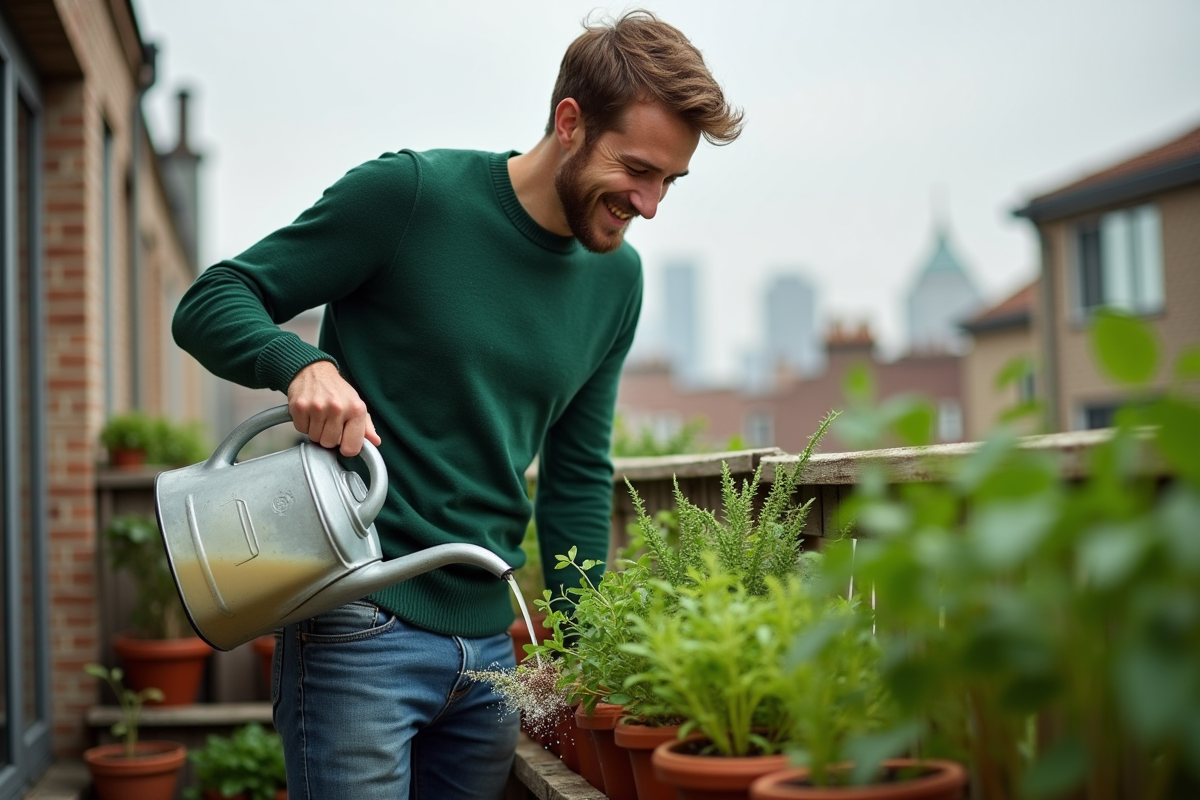 Jeune homme arrosant ses plantes aromatiques en balcon