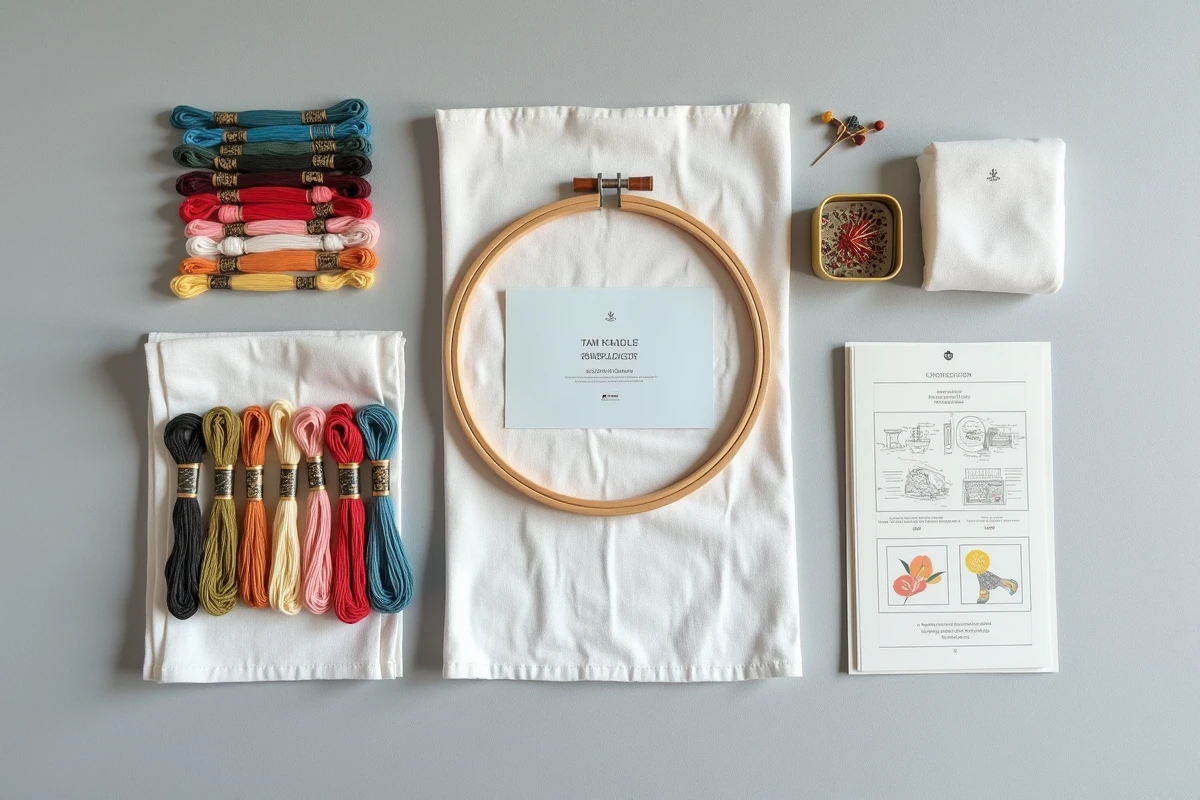Kit de broderie débutant complet avec tambour en bois, fils colorés et patron imprimé sur fond lin gris