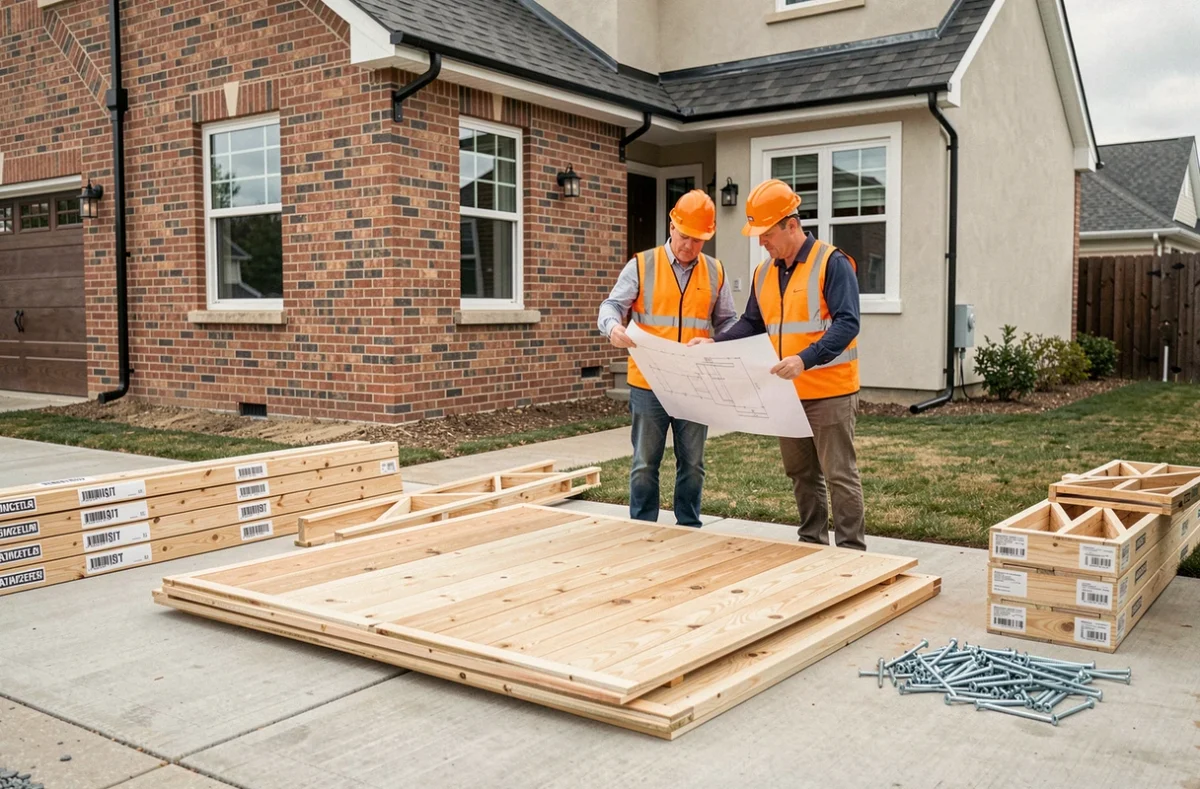 Deux ouvriers comparant un kit de charpente préfabriquée avec les plans techniques devant une maison en construction