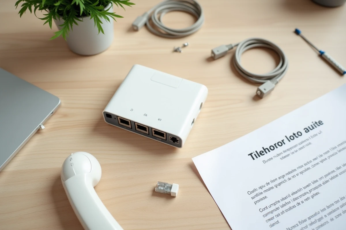 Vue à plat d'un kit d'installation téléphonique ADSL et fibre avec câbles et guide sur un bureau en bois