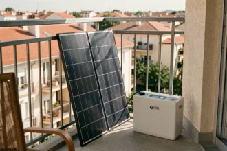 Kit solaire plug and play avec batterie installé sur un balcon d'appartement en milieu urbain