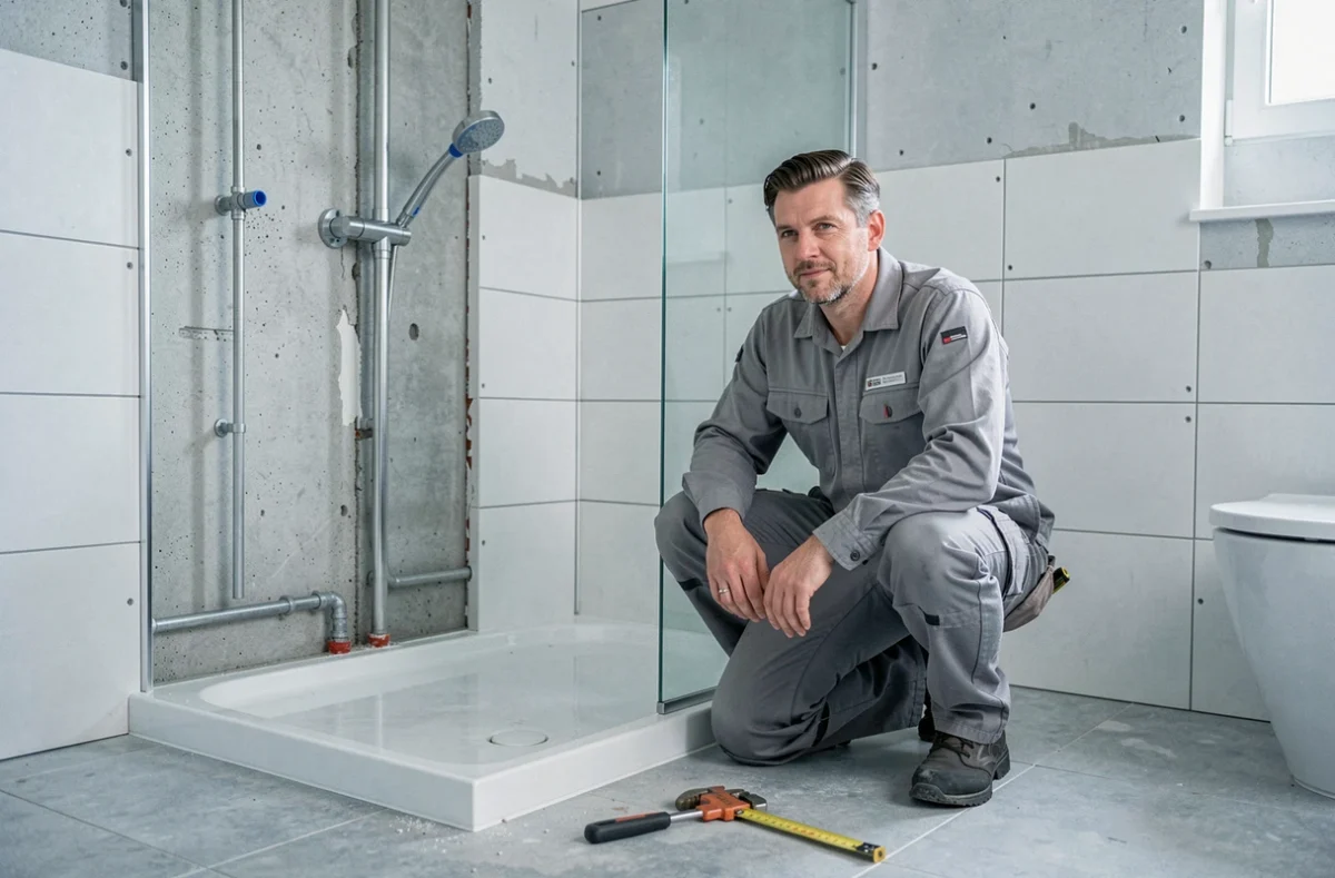 Plombier spécialiste de KLM Energie posant des équipements sanitaires dans une salle de bain en cours de rénovation dans le Pas-de-Calais