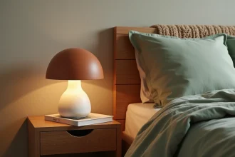 Lampe de chevet champignon design en céramique terracotta posée sur une table de nuit en chêne massif dans une chambre minimaliste scandinave