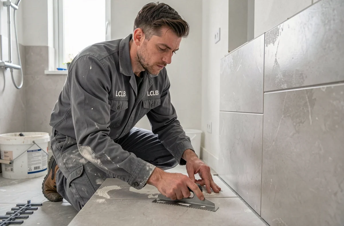 Carreleur LCLB posant du carrelage grand format dans une salle de bain rénovée dans les Yvelines