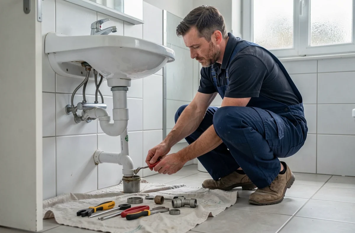 Plombier des Bons Tuyaux connectant les canalisations sous un lavabo dans une salle de bain du Calaisis