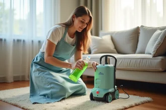Femme versant une lessive écologique dans le réservoir d'une shampouineuse sur un tapis beige dans un salon moderne