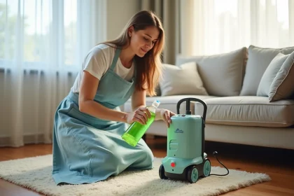 Femme versant une lessive écologique dans le réservoir d'une shampouineuse sur un tapis beige dans un salon moderne