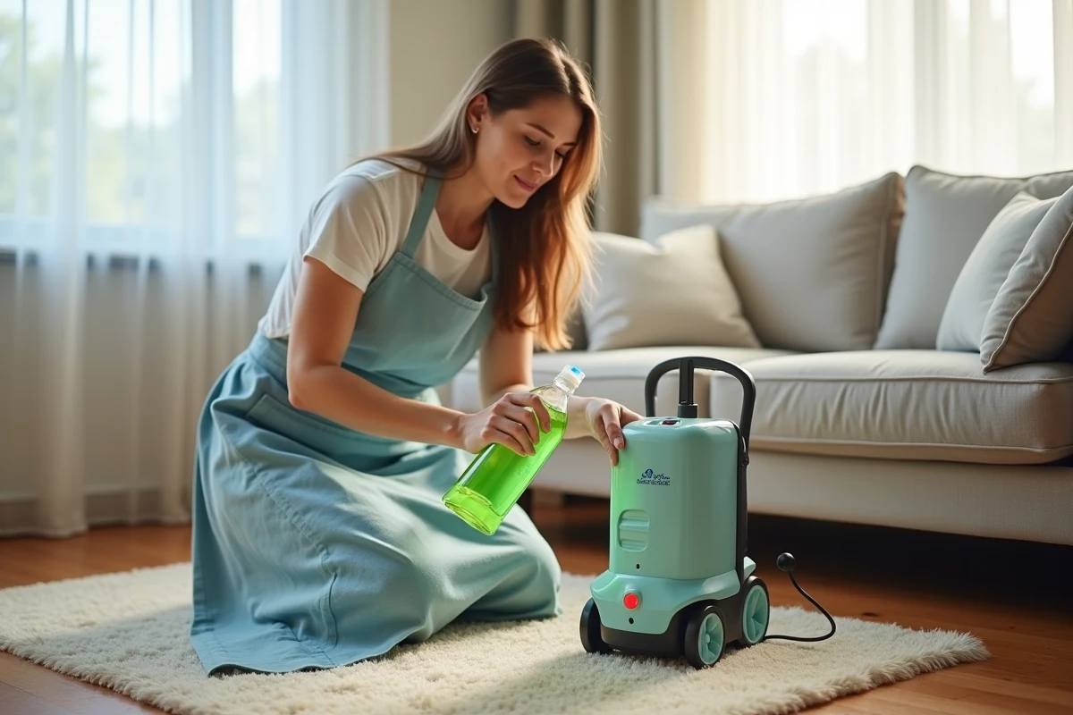 Femme versant une lessive écologique dans le réservoir d'une shampouineuse sur un tapis beige dans un salon moderne