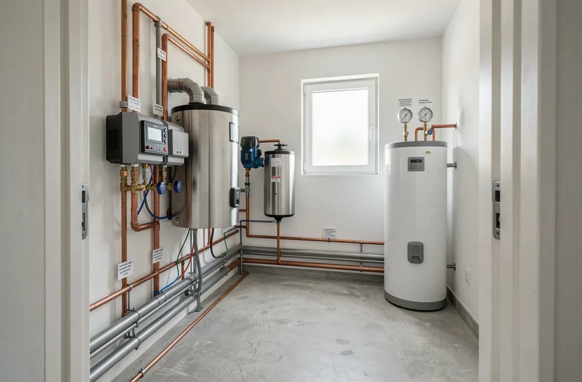 Local technique résidentiel avec installation complète d'un système de pompe à chaleur air-eau et ses composants hydrauliques