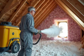 Homme en combinaison de travail utilisant une souffleuse à ouate de cellulose louée dans un grenier non isolé pendant un week-end de rénovation