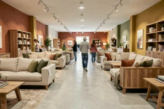 Intérieur d'un magasin de décoration et d'ameublement à Nîmes avec des canapés modernes et des tables basses en bois exposés en rayons