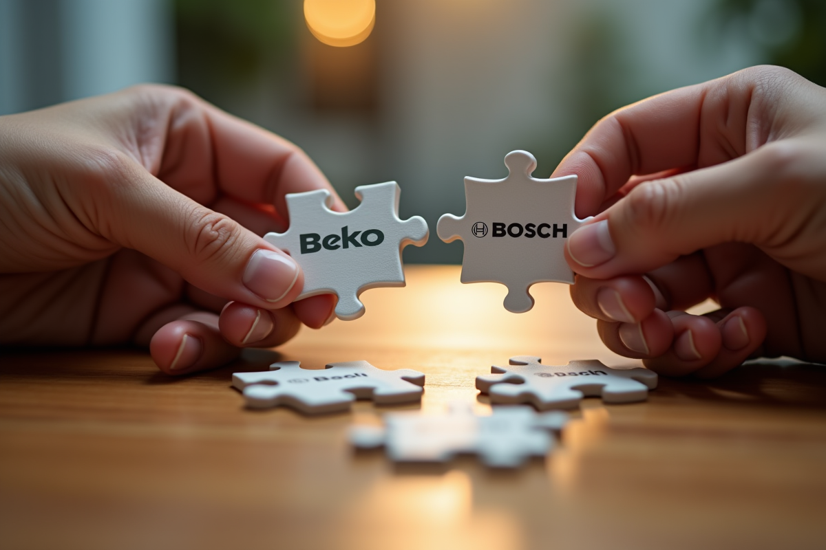 Mains tenant des pièces de puzzle Beko et Bosch à assembler