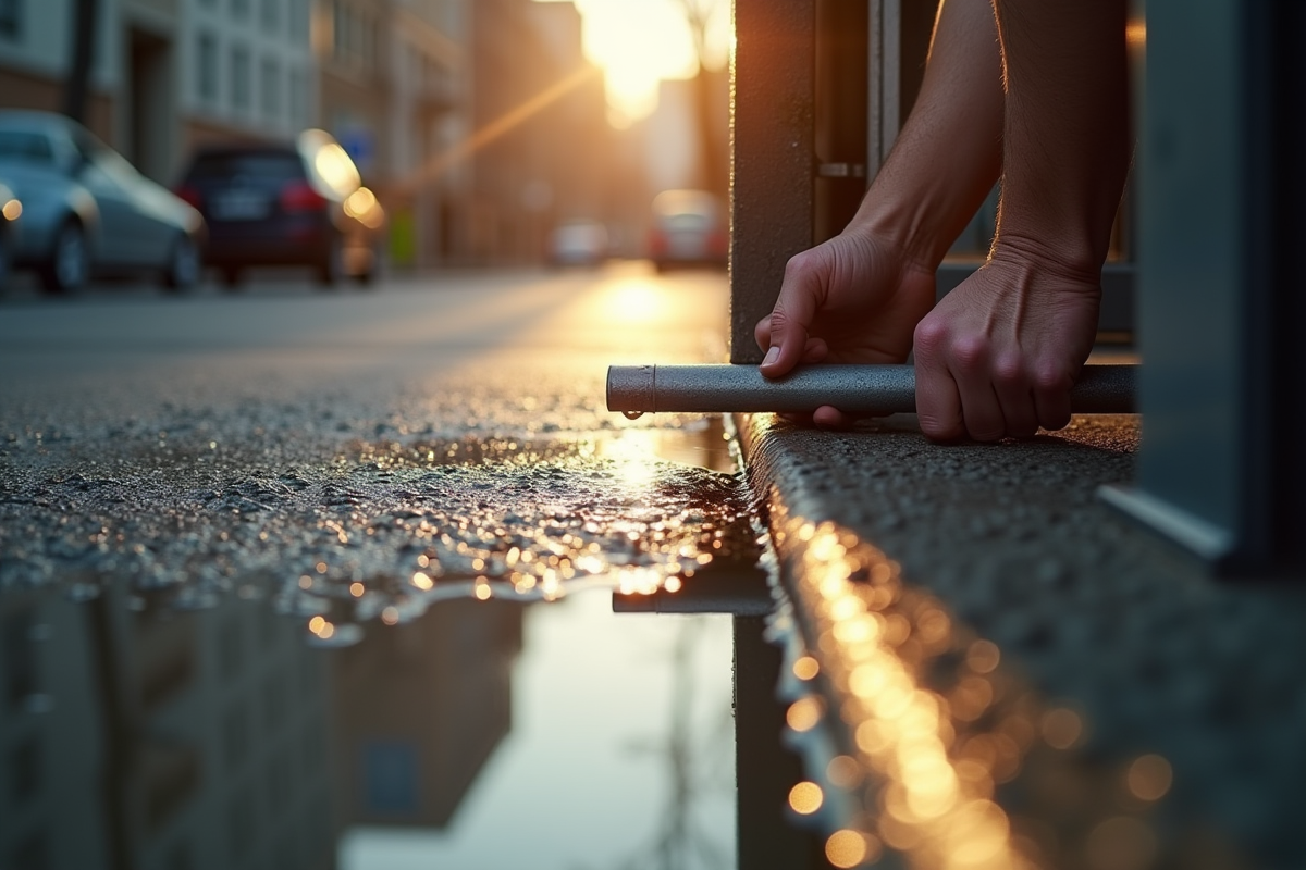 Mains fixant un barrage métallique contre une porte avec reflet d