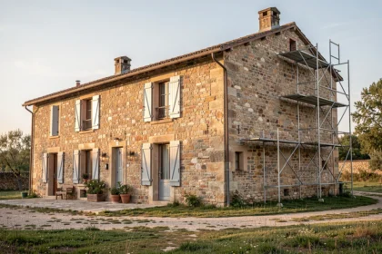 Maison ancienne en pierre avec un échafaudage contre un mur