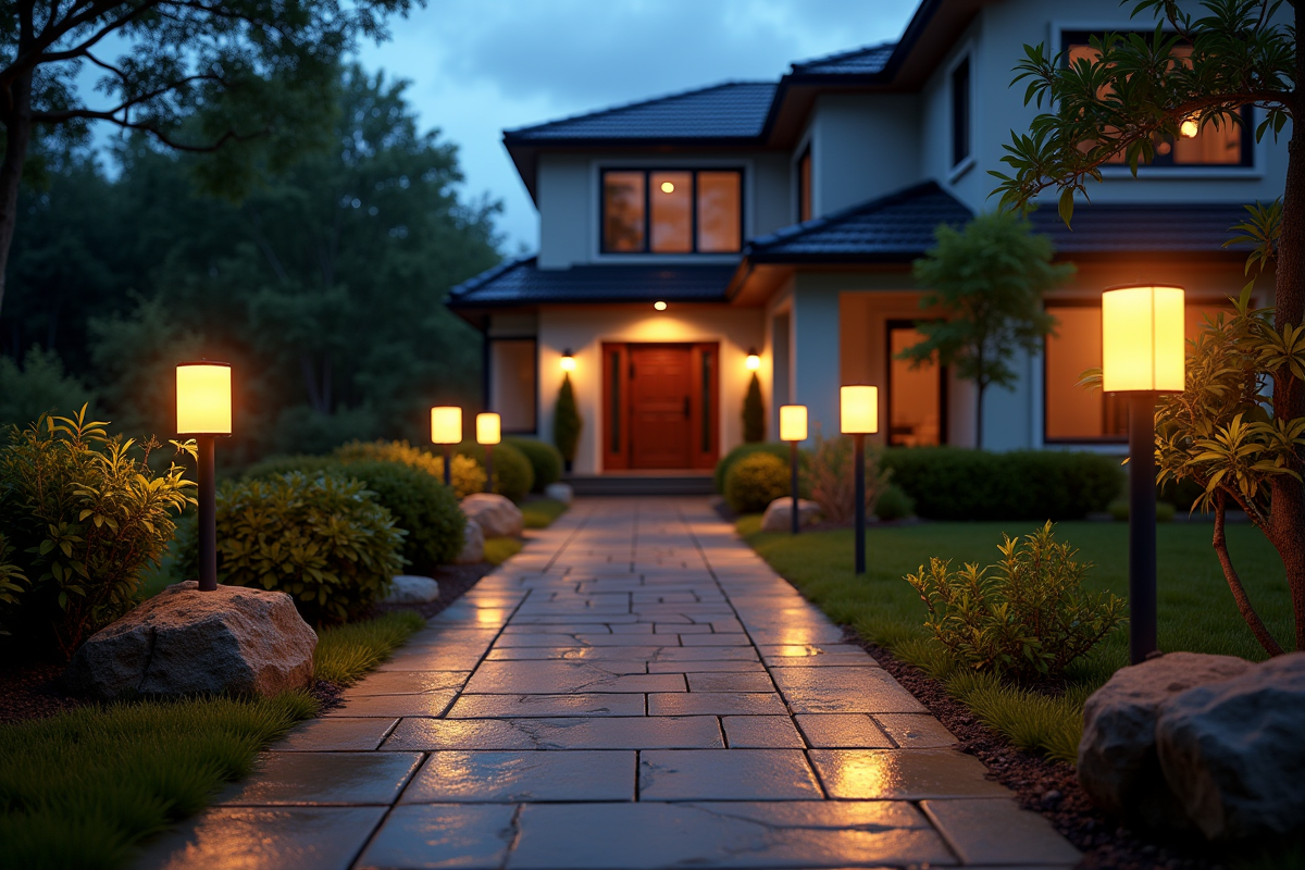 Maison moderne avec éclairage LED extérieur la nuit