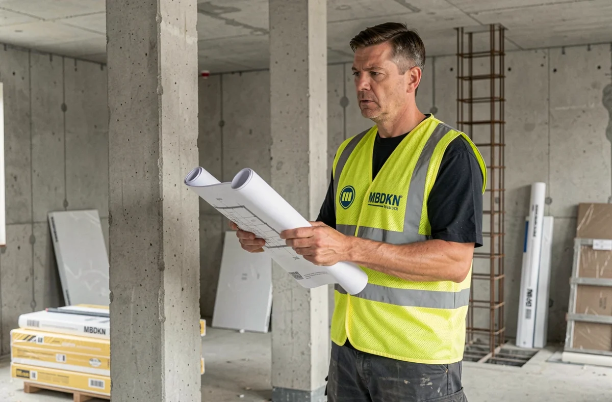 Professionnel MBDKN examinant des plans dans un chantier de rénovation des Yvelines