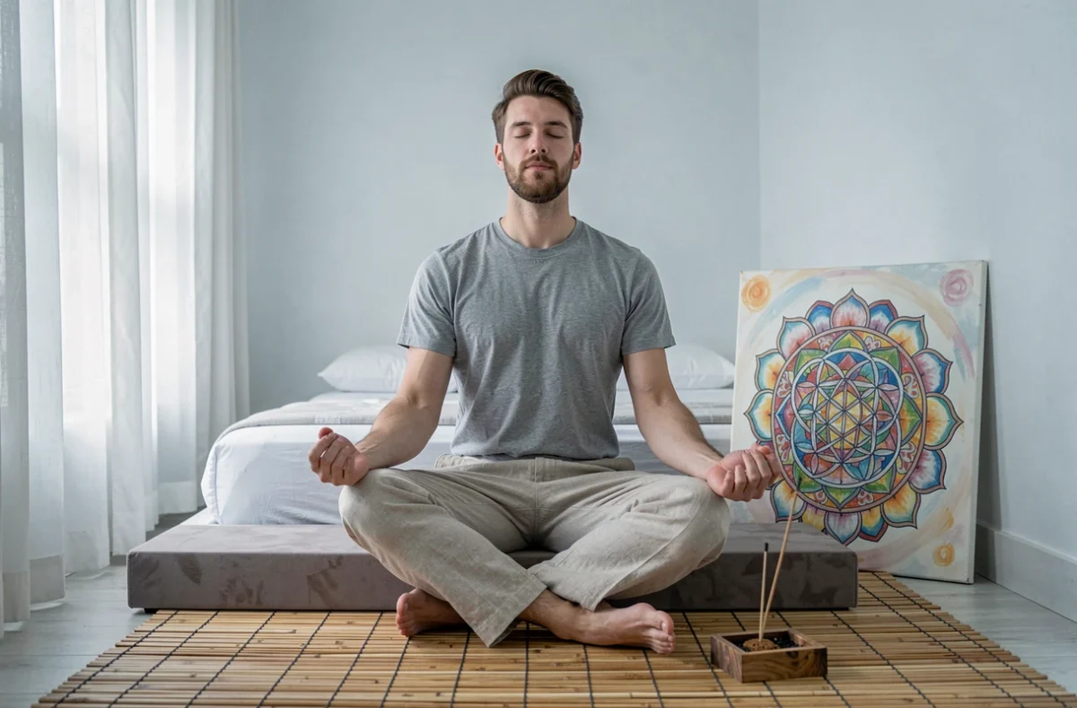 Homme en méditation assis devant un mandala fleur de vie peint sur toile dans une chambre zen minimaliste