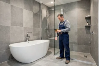 Vue d'ensemble d'une salle de bain moderne rénovée dans le Pas-de-Calais avec un plombier professionnel inspectant l'installation