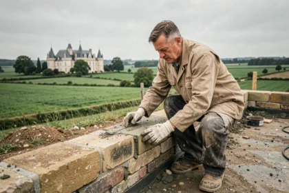 Maçon expérimenté posant des blocs de pierre dans la campagne du Val de Loire, avec un château en arrière-plan