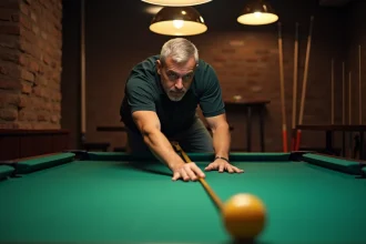 Homme mesurant la surface d'un billard américain avec un mètre ruban dans une salle de billard