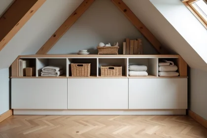 Meuble de rangement sur mesure sous pente de toit en bois blanc avec paniers en osier dans une chambre mansardée