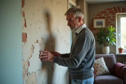 Homme examine un mur humide dans un salon familial